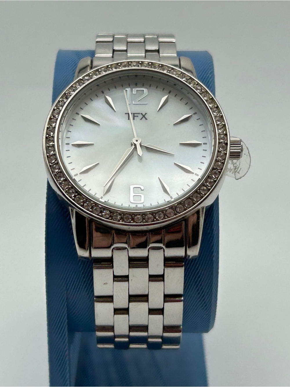 TFX Silver Tone Crystal Accented Mother of Pearl Dial Women's Watch by Bulova